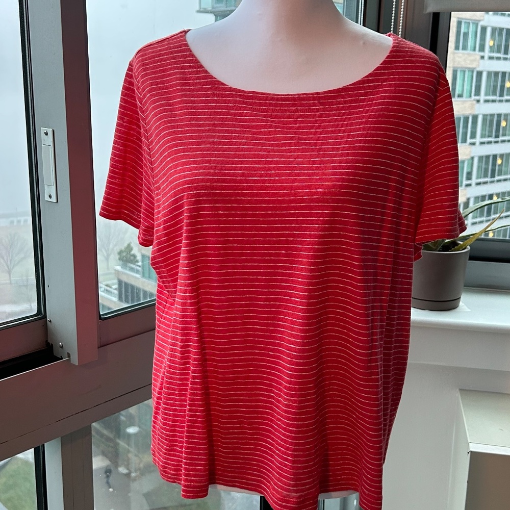 Eileen Fisher Crimson Striped Short Sleeve Top.